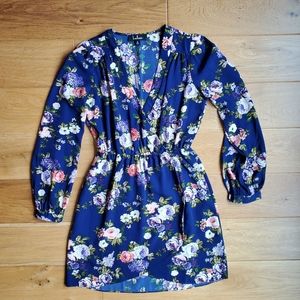 Lulu's Long Sleeve Navy and Floral Mini Dress